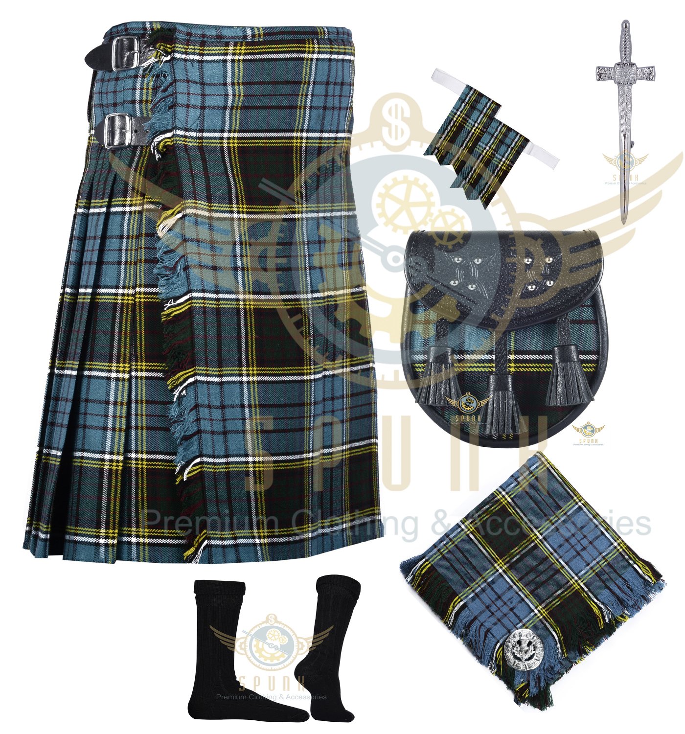 Men's Scottish Anderson 8 Yard KILT With Kilt pin - Flashes- Brooch - Sporran