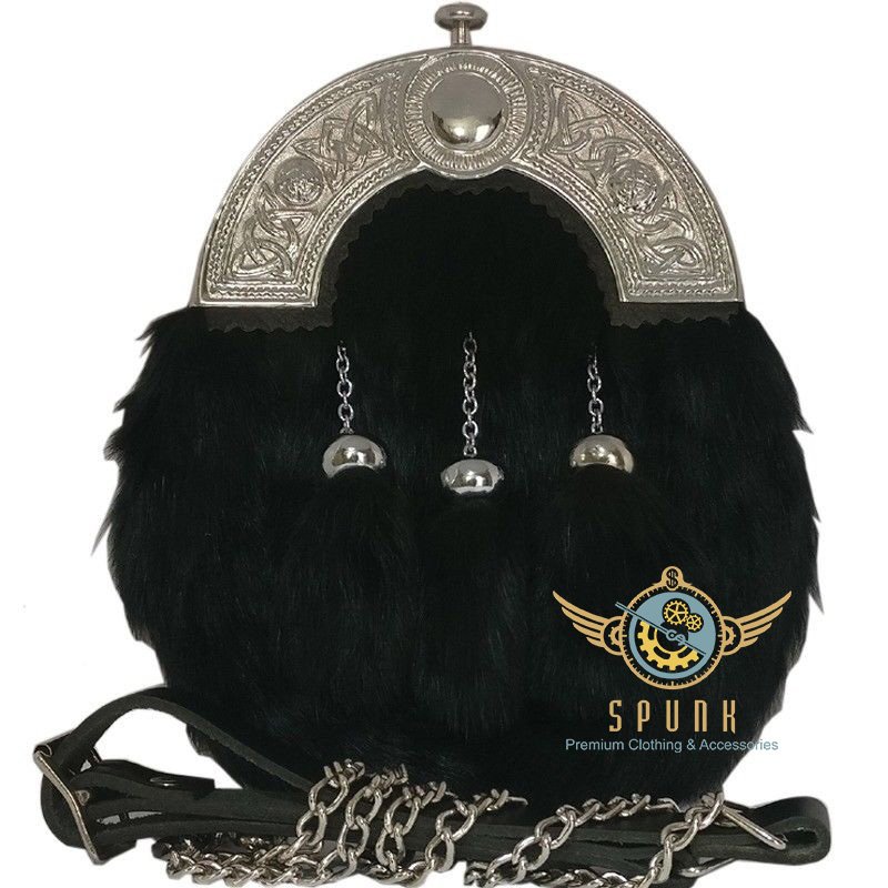 Scottish Full Dress KILT SPORRAN & Chain Belt Black Rabbit Fur Silver Cantle