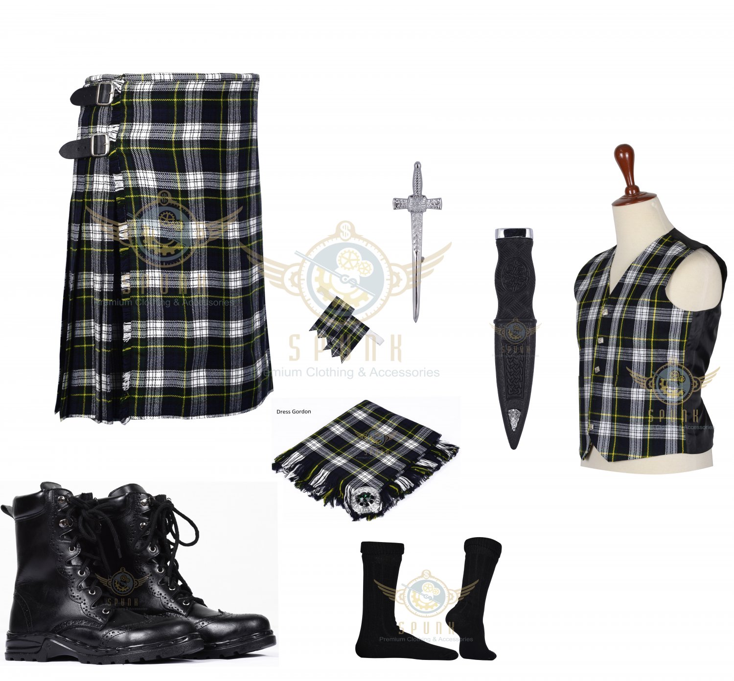 Scottish Dress Gordon 8 Yard KILT Traditional Tartan KILT - With Accessories Package