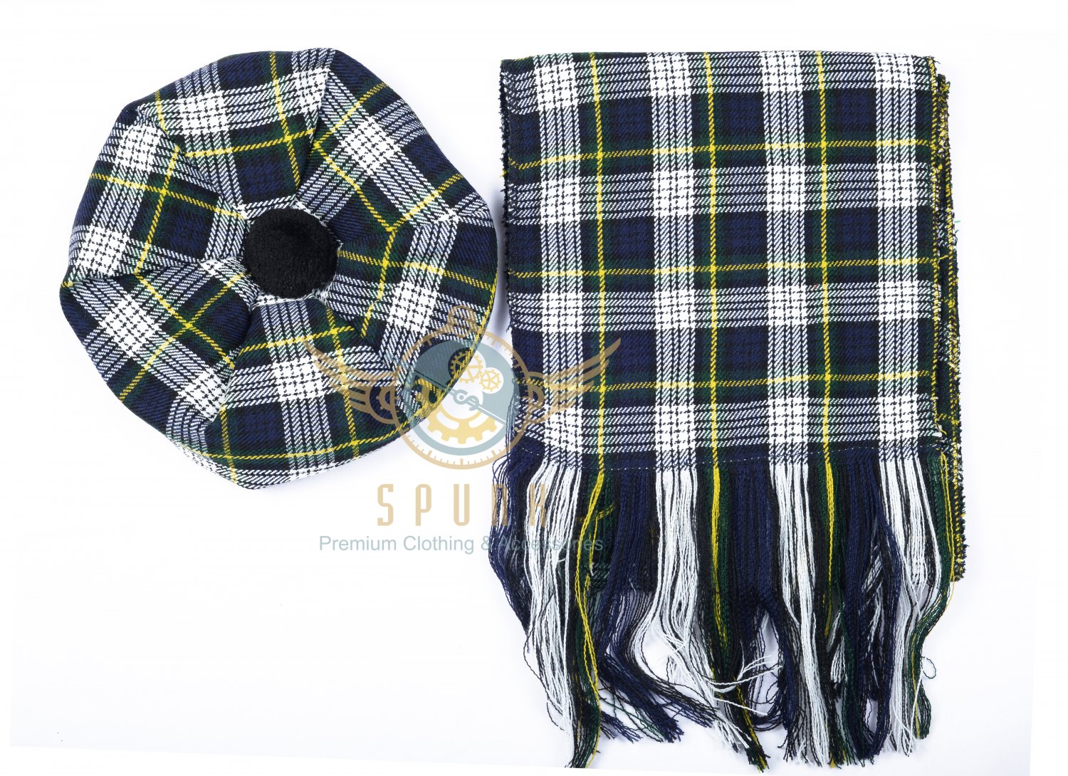 Scottish Dress Gordon Tam o'Shanter Flat Bonnet Hat With Scarf 100%Acrylic Tartan