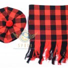 Scottish Red Black Rob Roy Tam o'Shanter Flat Bonnet Hat With Scarf 100%Acrylic Tartan