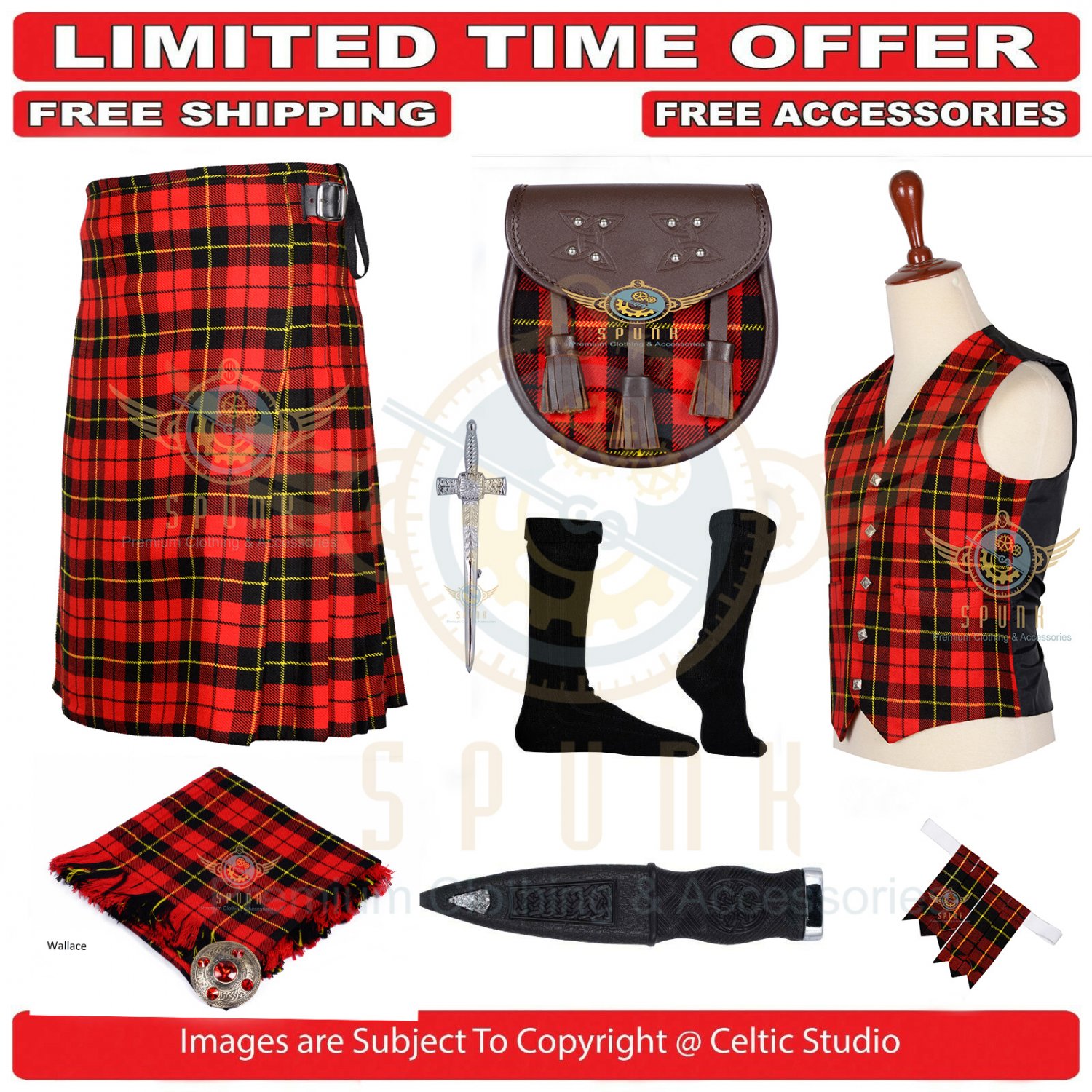 Men's Scottish Traditional 8 Yard Kilt Wallace TARTAN KILTS Package - 9 Accessories