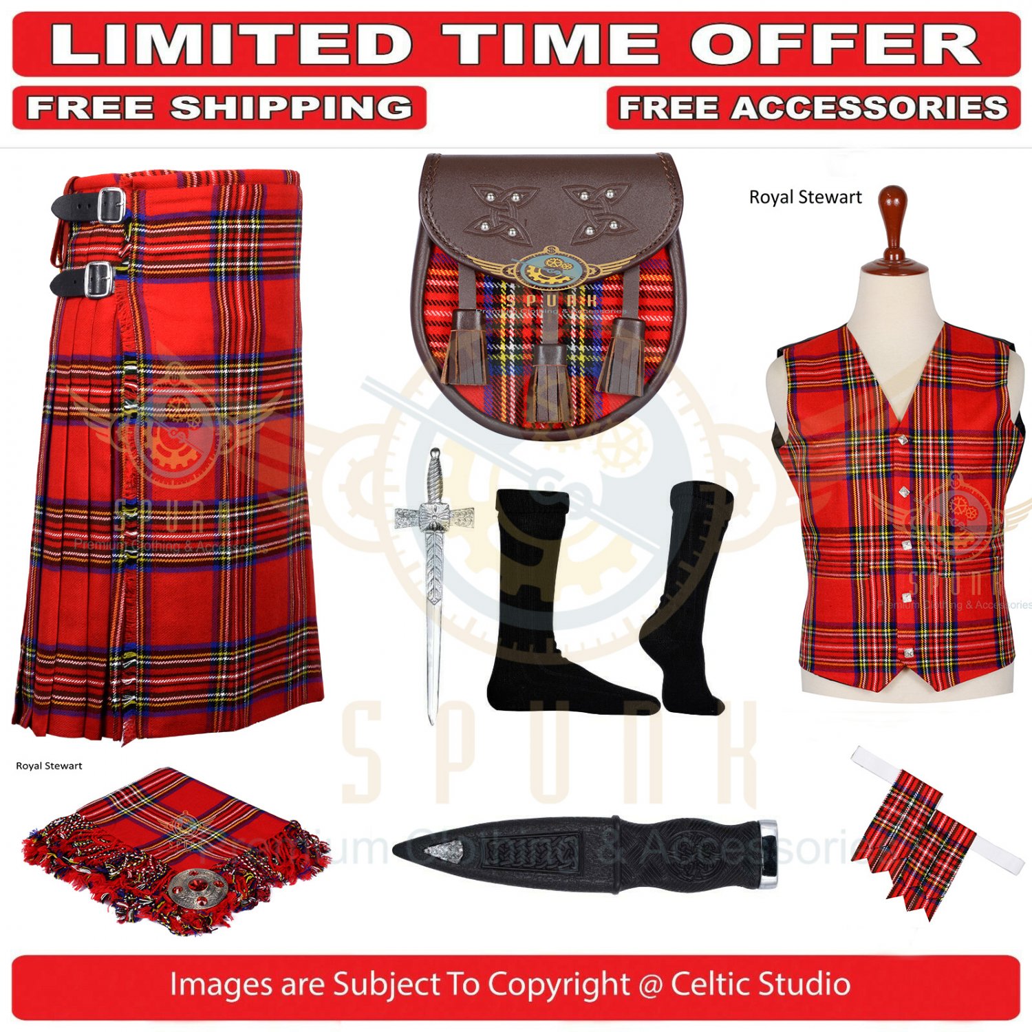 Men's Scottish Traditional Royal Stewart 8 Yard Kilt TARTAN KILTS Package - 9 Accessories
