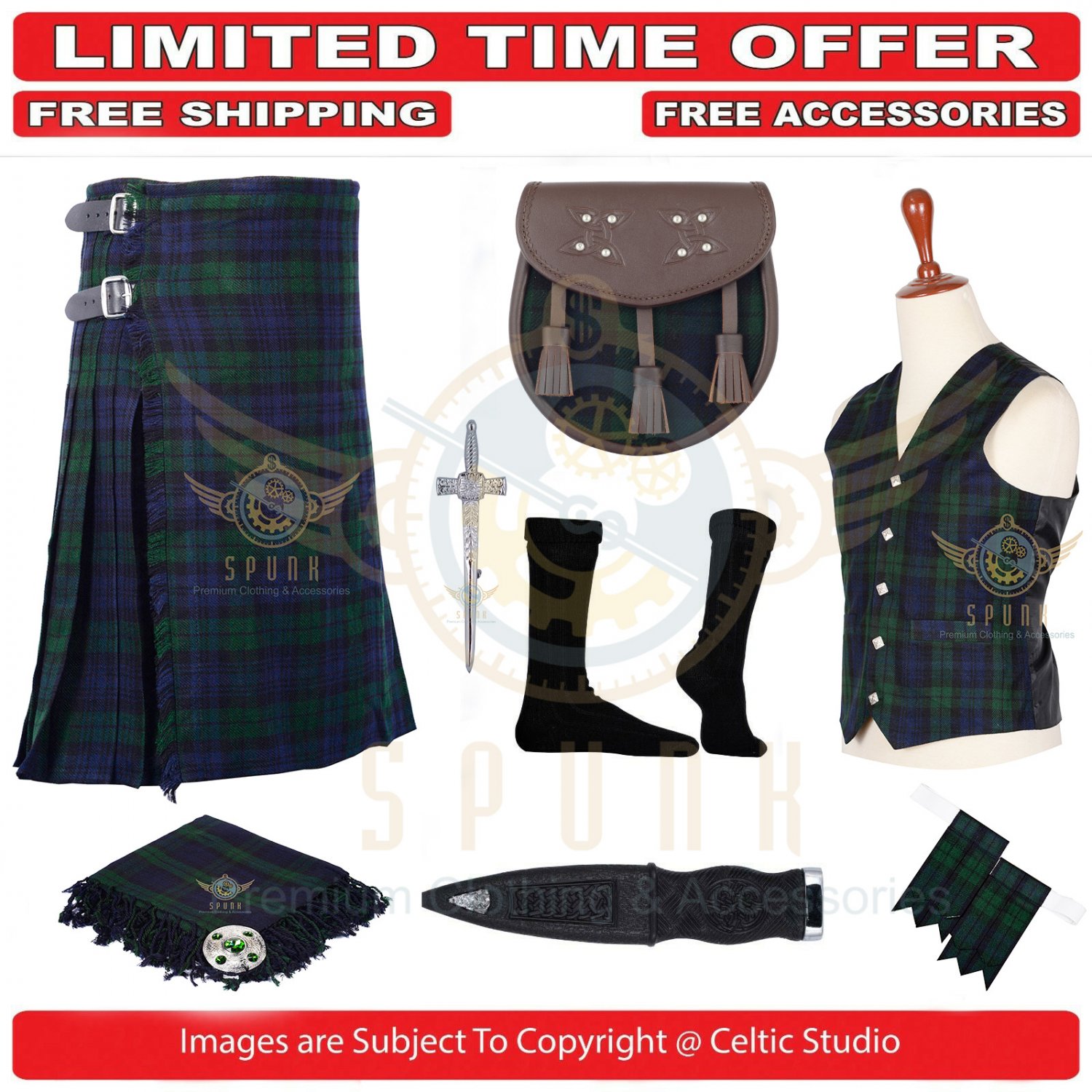 Men's Scottish Traditional Black Watch 8 Yard Kilt TARTAN KILTS Package ...