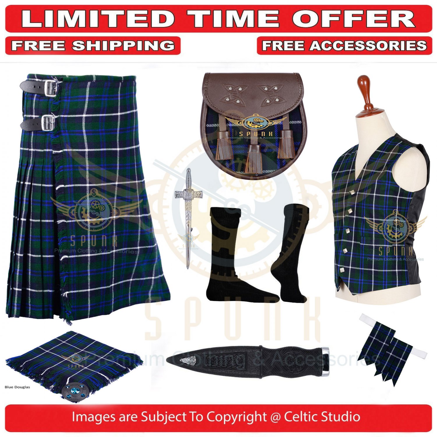 Men's Scottish Traditional Blue Douglas 8 Yard Kilt TARTAN KILTS Package - 9 Accessories