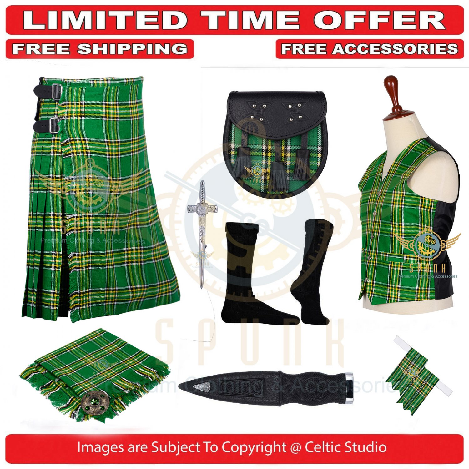 Men's Scottish Traditional 8 Yard Kilt Irish TARTAN KILTS Package - 9 Accessories