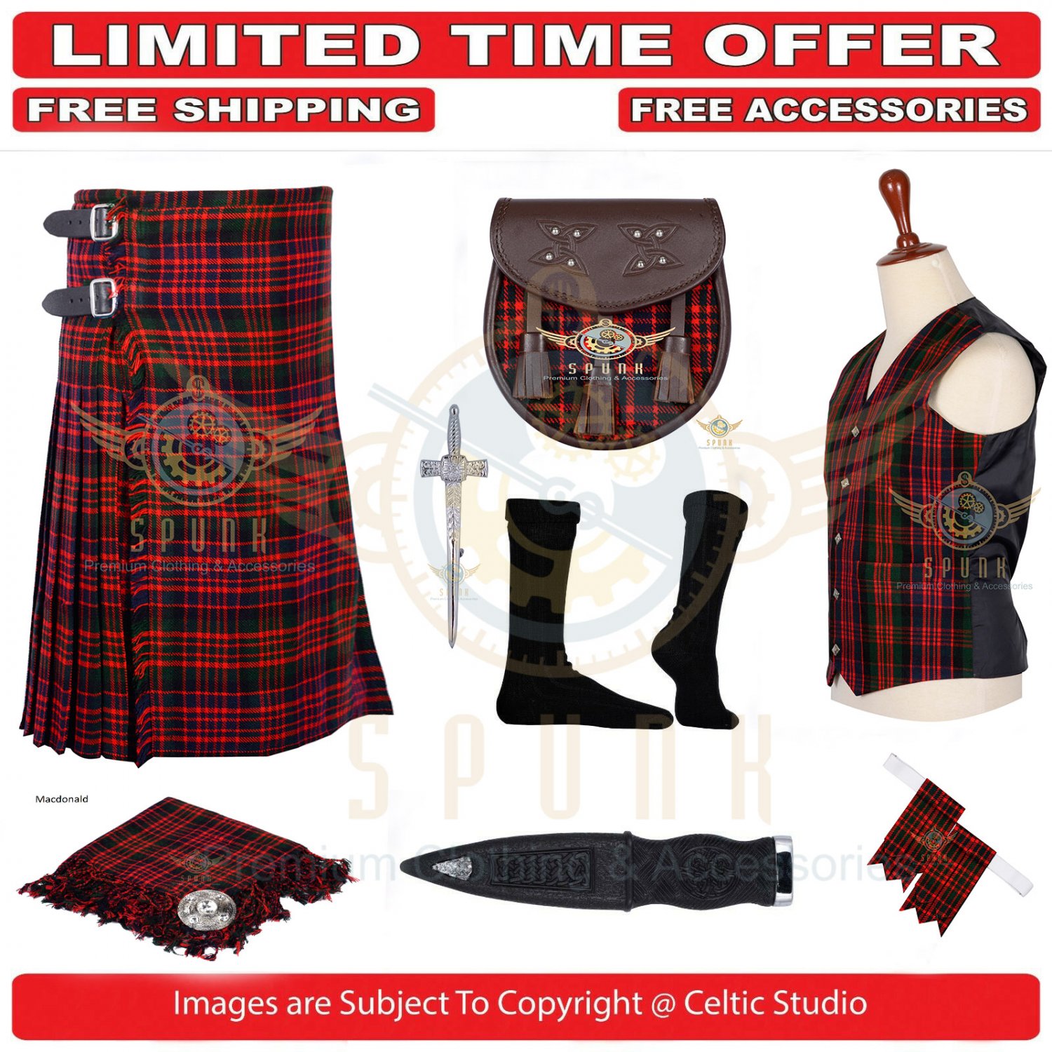 Men's Scottish Traditional 8 Yard Kilt MacDonald TARTAN KILTS Package ...