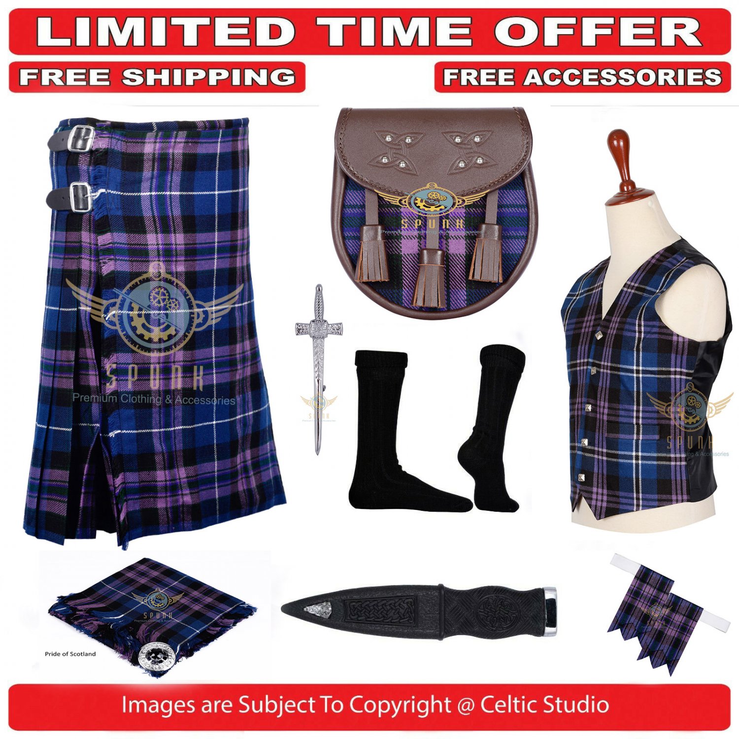 Men's Scottish Traditional 8 Yard Pride of Scotland TARTAN KILTS Package - 9 Accessories