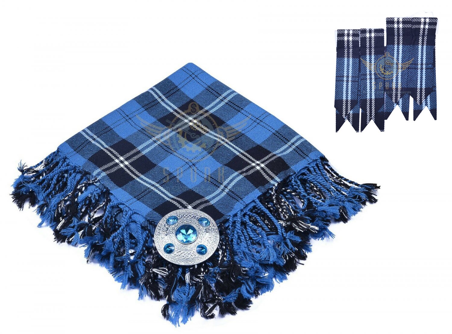 Scottish Traditional Ramsey Blue Hunting Tartan Kilt FLYPLAID + Brooch & Flashes- Flyplaid 48 X 48