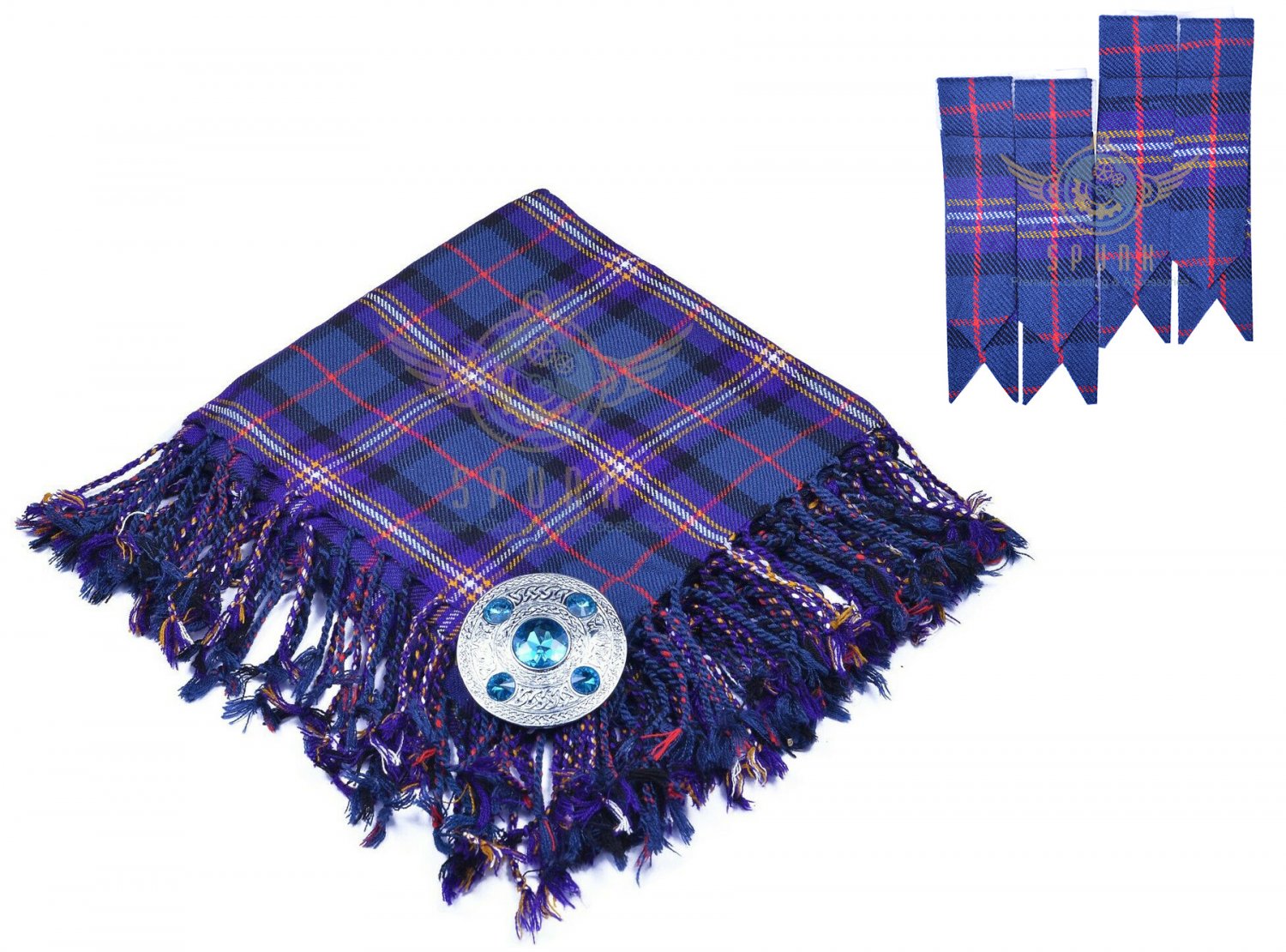 Scottish Traditional Masonic Tartan Kilt FLYPLAID + Brooch & Flashes- Flyplaid 48 X 48
