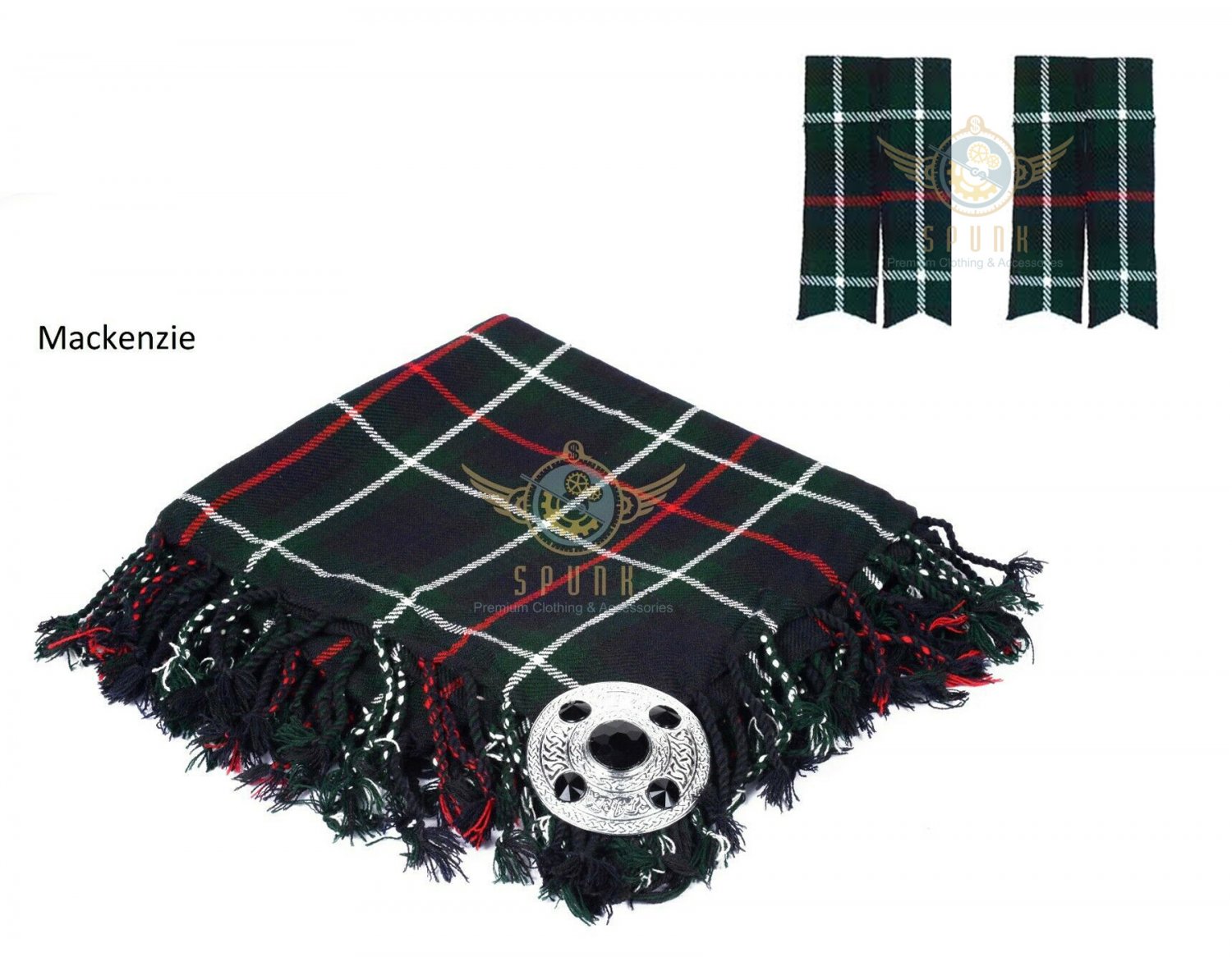 Scottish Traditional Mackenzie Tartan Kilt FLYPLAID + Brooch & Flashes- Flyplaid 48 X 48