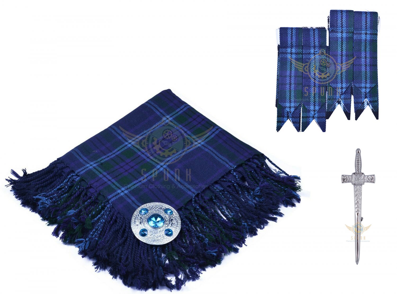 Scottish Traditional Spirit of Scotland Tartan Kilt FLY PLAID + Brooch - Flashes - Kilt pin