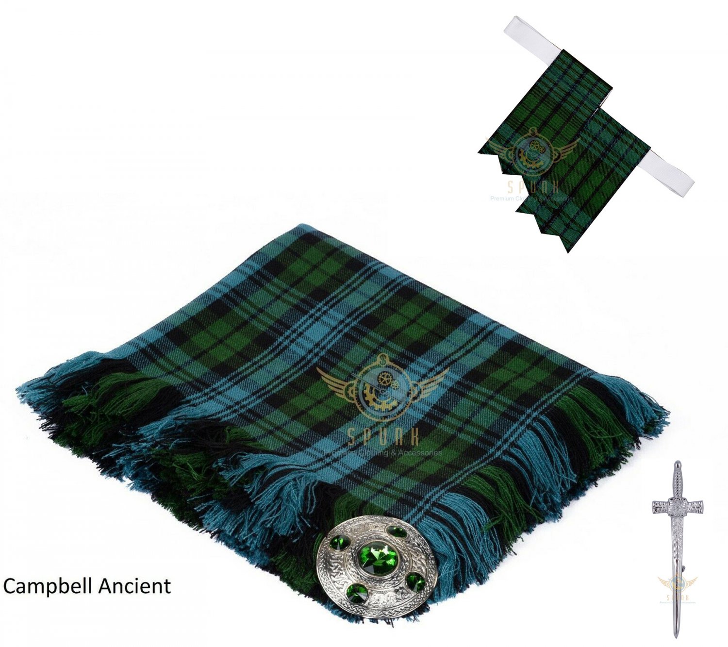 Scottish Traditional Campbell Ancient Tartan Kilt FLY PLAID + Brooch - Flashes - Kilt pin