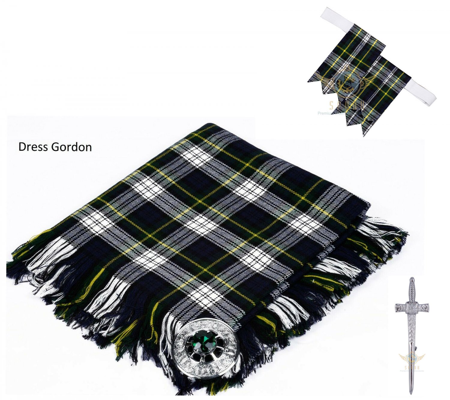 Scottish Traditional Dress Gordon Tartan Kilt FLY PLAID + Brooch - Flashes - Kilt pin