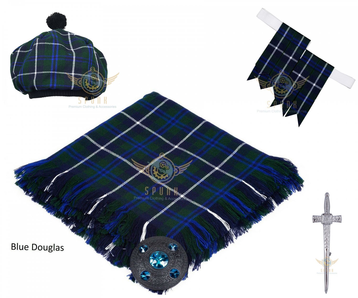 Scottish Traditional Blue Douglas Tartan Kilt FLY PLAID + Brooch- Flashes - Kilt pin -Tam Hat