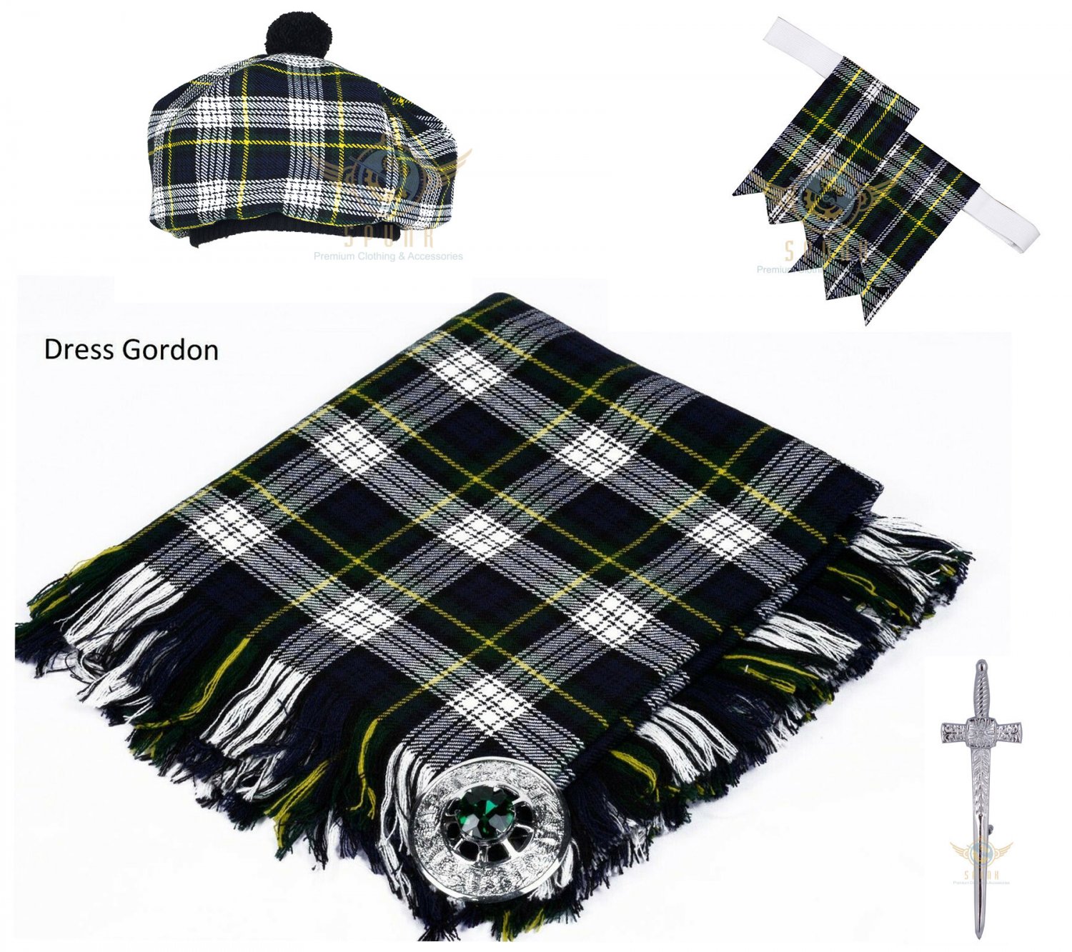 Scottish Dress Gordon Tartan Kilt FLY PLAID + Brooch- Flashes - Kilt pin -Tam Hat