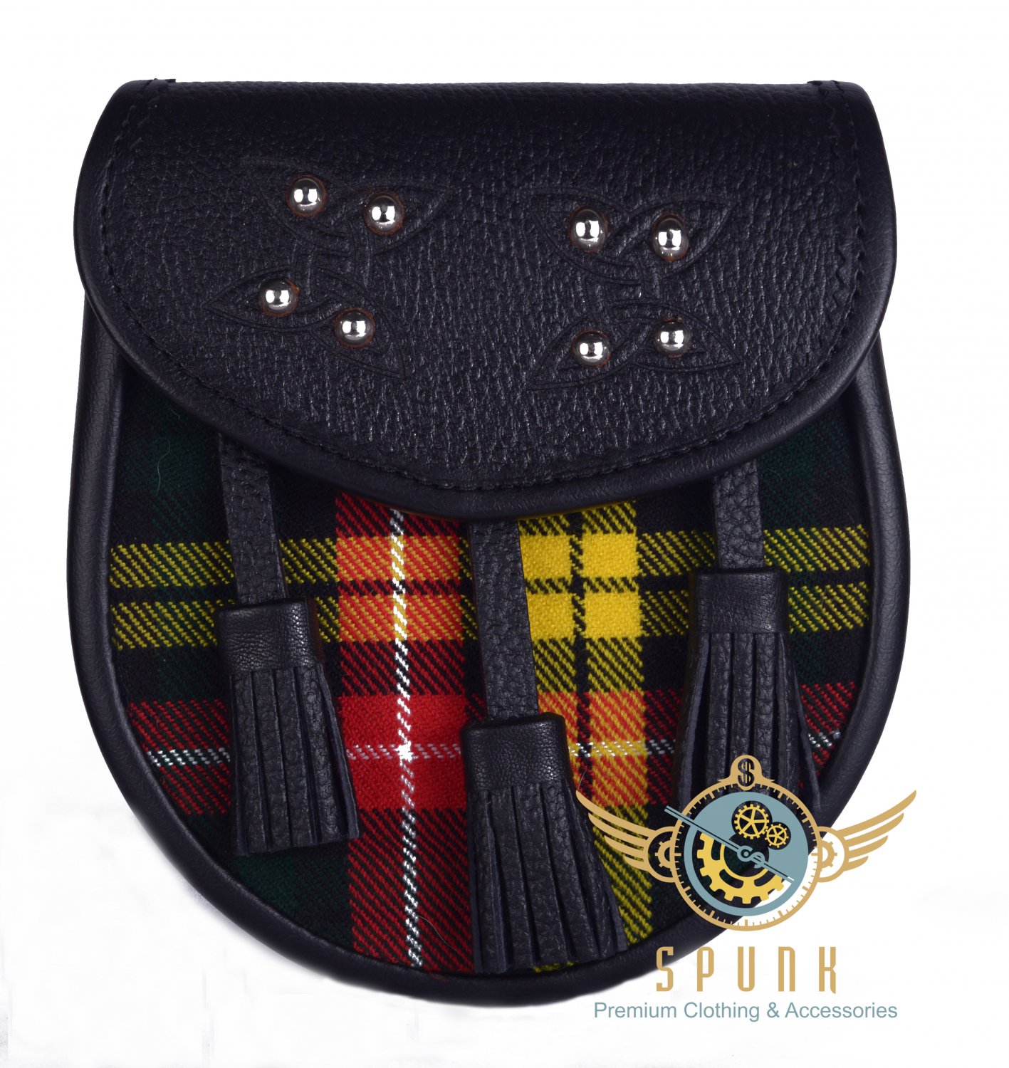 Premium - Black Leather - Buchanan Tartan Scottish KILT SPORRAN Chain Strap