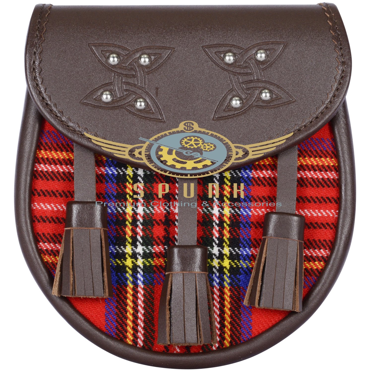 Premium - Brown Leather - Royal Stewart Tartan Scottish KILT SPORRAN Chain Strap