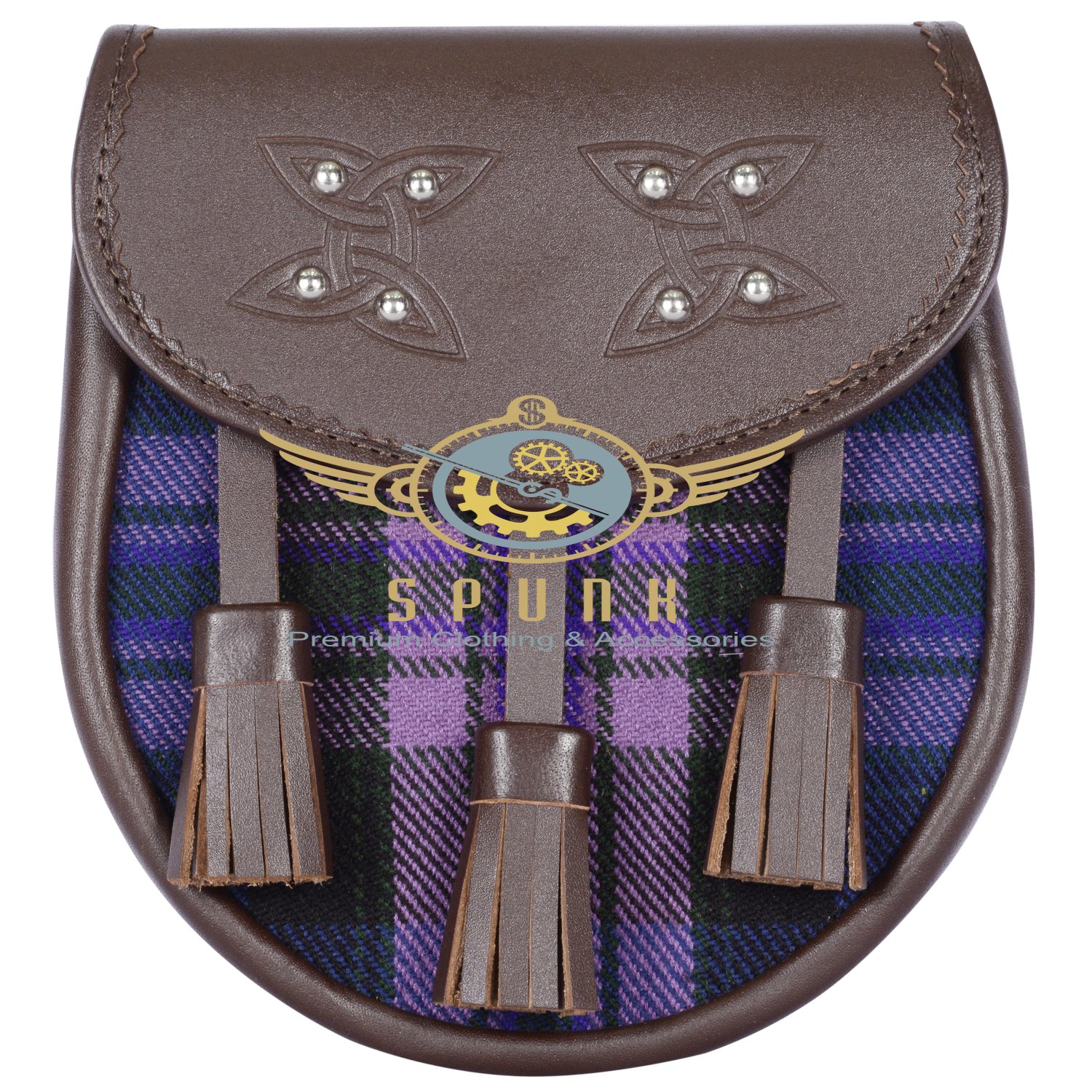 Premium - Brown Leather - Pride of Scotland Tartan Scottish KILT SPORRAN Chain Strap