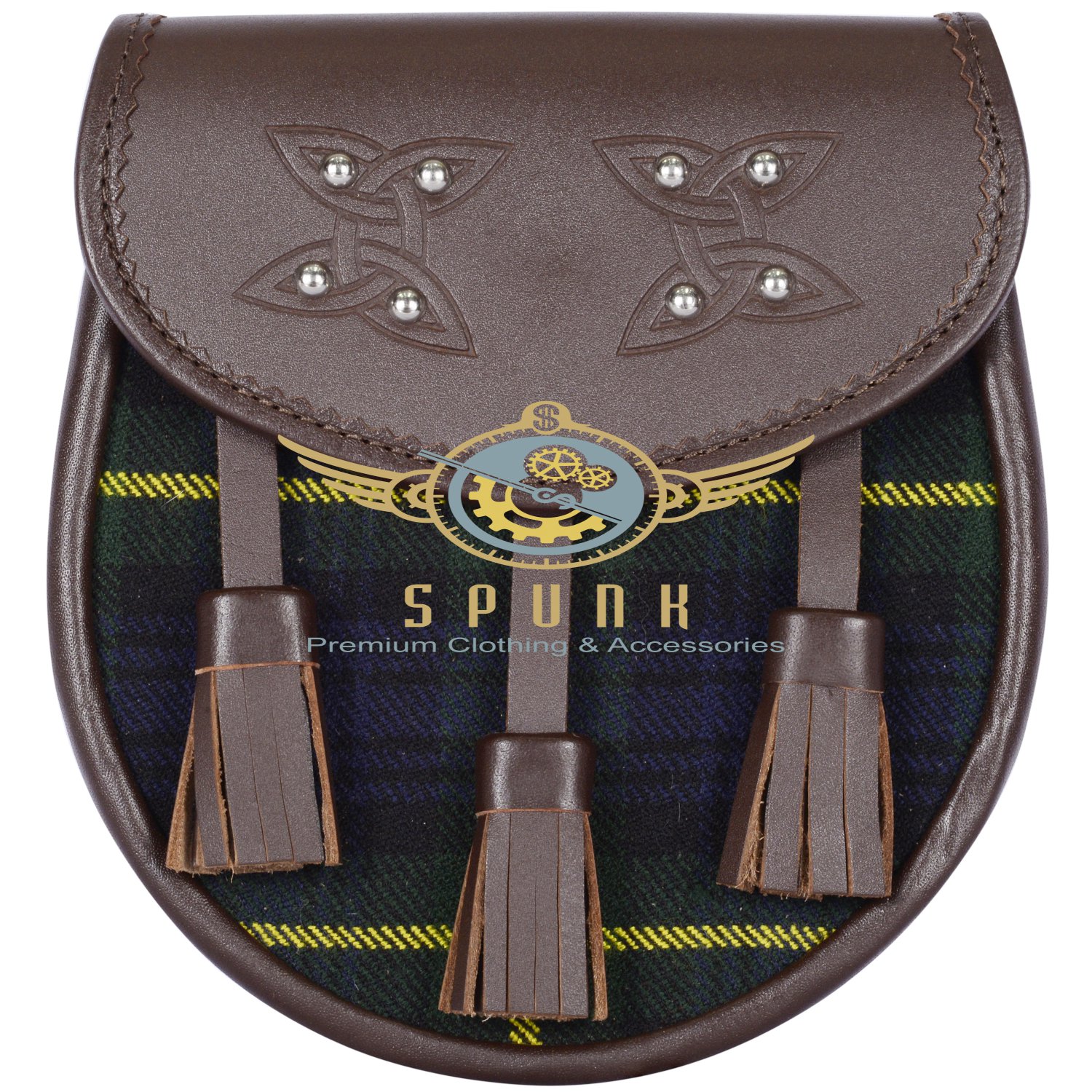 Premium - Brown Leather - Gordon Tartan Scottish KILT SPORRAN Chain Strap