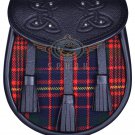 Premium - Black Leather Cameron Tartan Scottish KILT SPORRAN Chain Strap