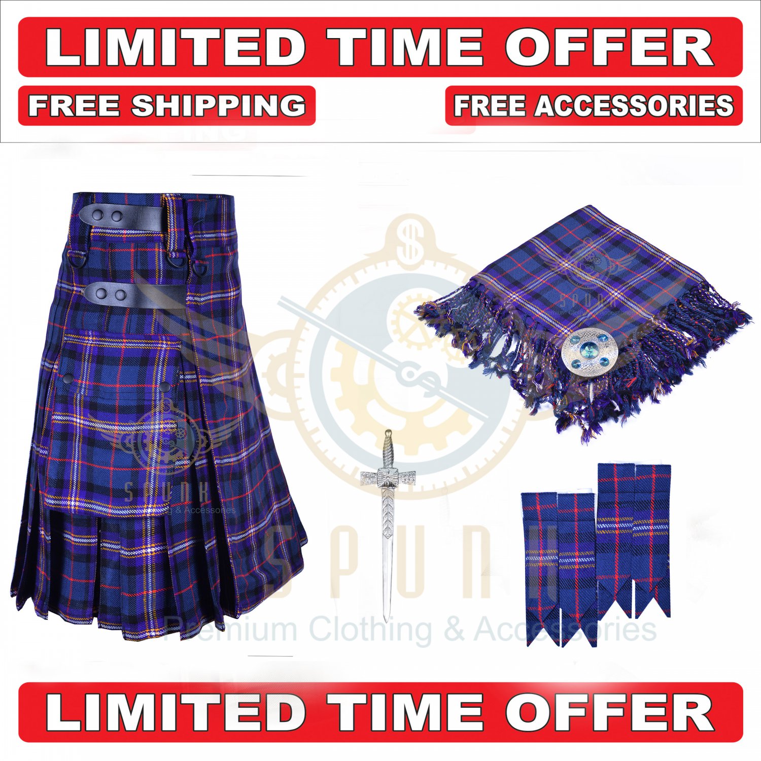 Scottish Masonic Tartan Utility Kilt For Men With Free Accessories