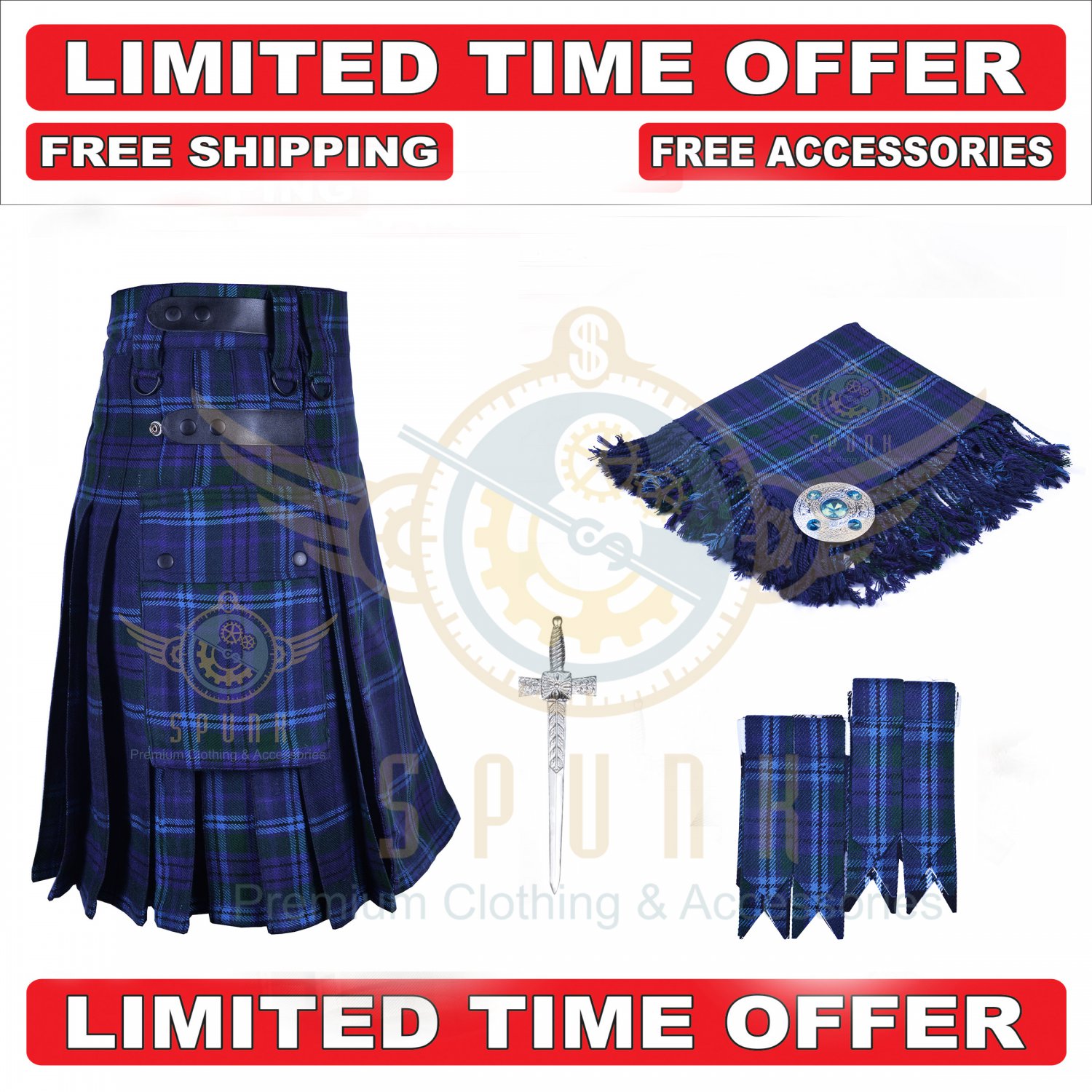 Scottish Spirit of Scotland Tartan Utility Kilt For Men With Free Accessories -