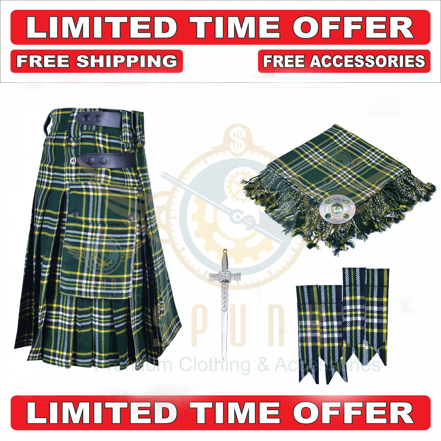 Scottish Handmade St-Patrick Utility Kilt For Men With Free Accessories