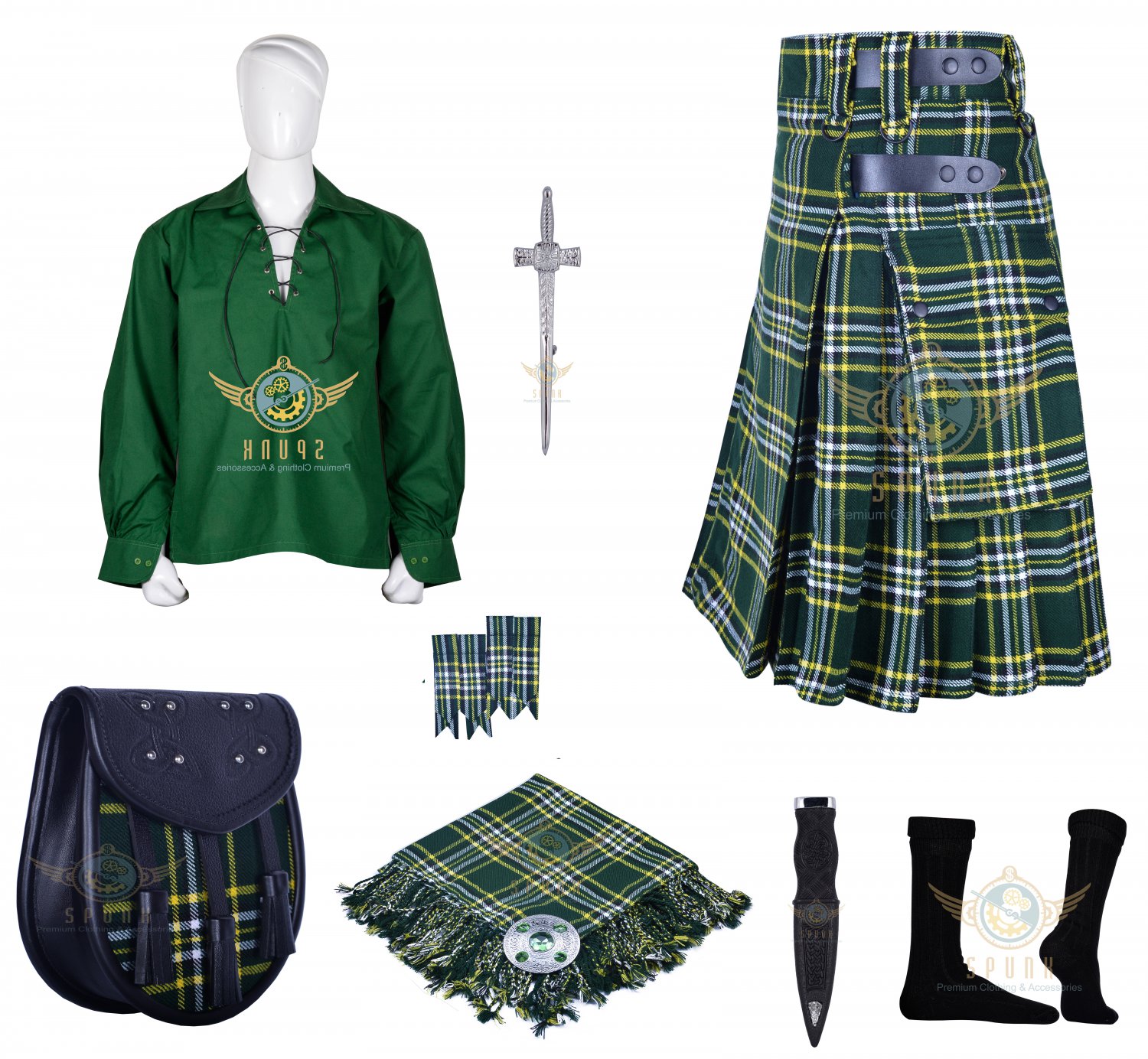 Men's Scottish St-Patrick Utility Kilt Two Cargo pockets Utility kilt With Accessories