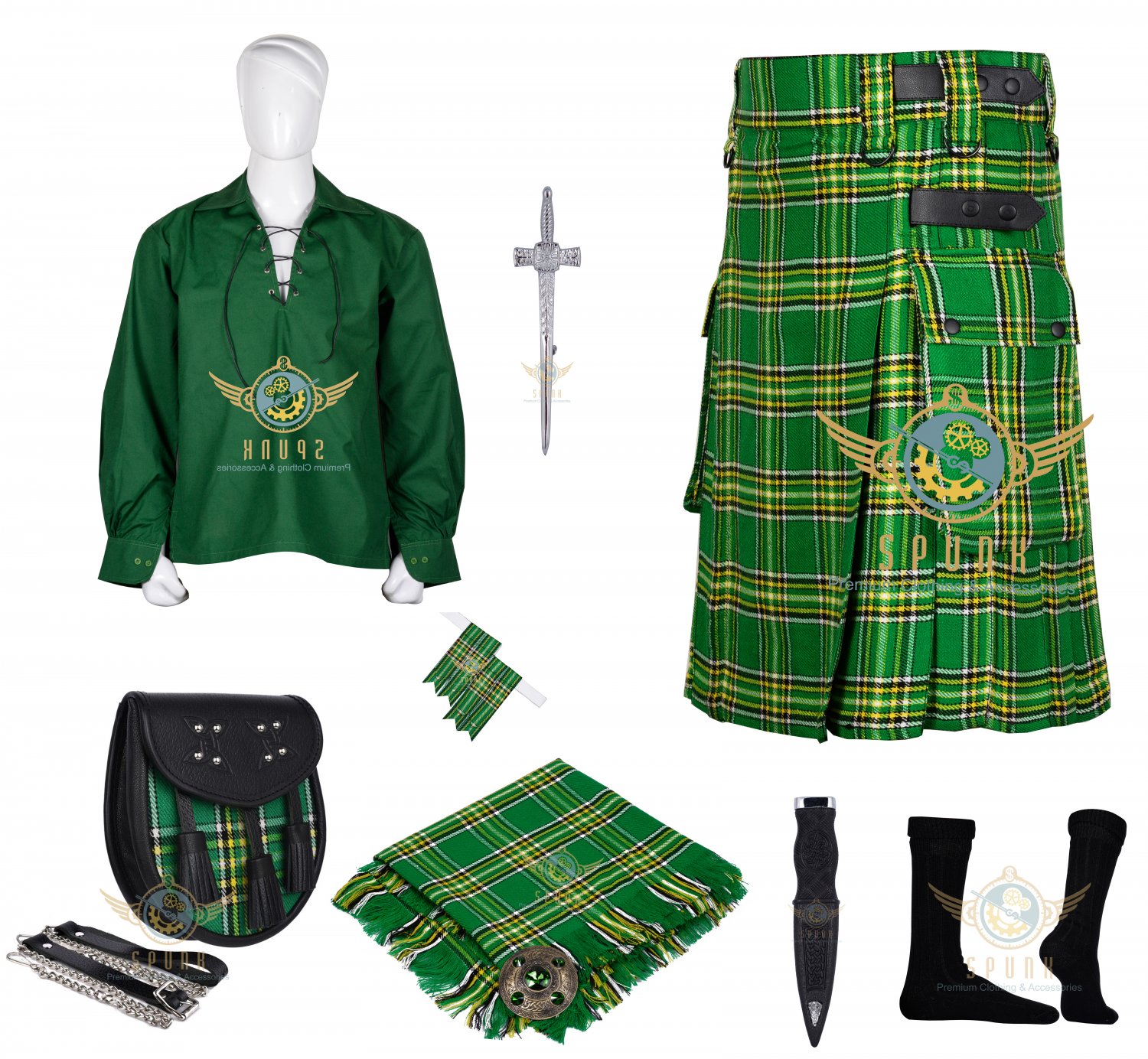 Men's Scottish Irish Green Utility Kilt Two Cargo pockets Utility kilt With Accessories