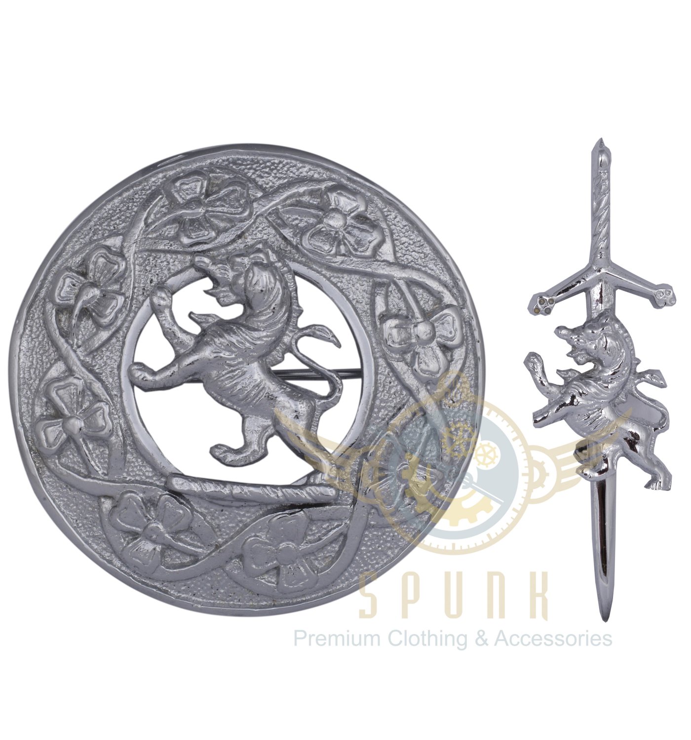 Celtic Loin Rampant Fly Plaid Brooch Chrome Finish/Scottish Fly Plaid Brooch & kilt Pin