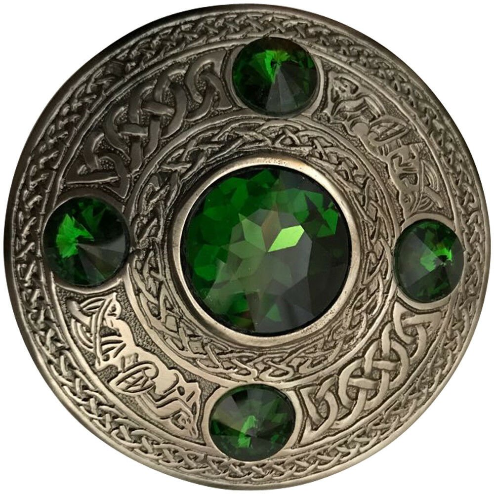 Scottish Antique Finish Celtic Green Stone Kilt Fly Plaid Brooch 5 Stone Kilt Plaid Brooch
