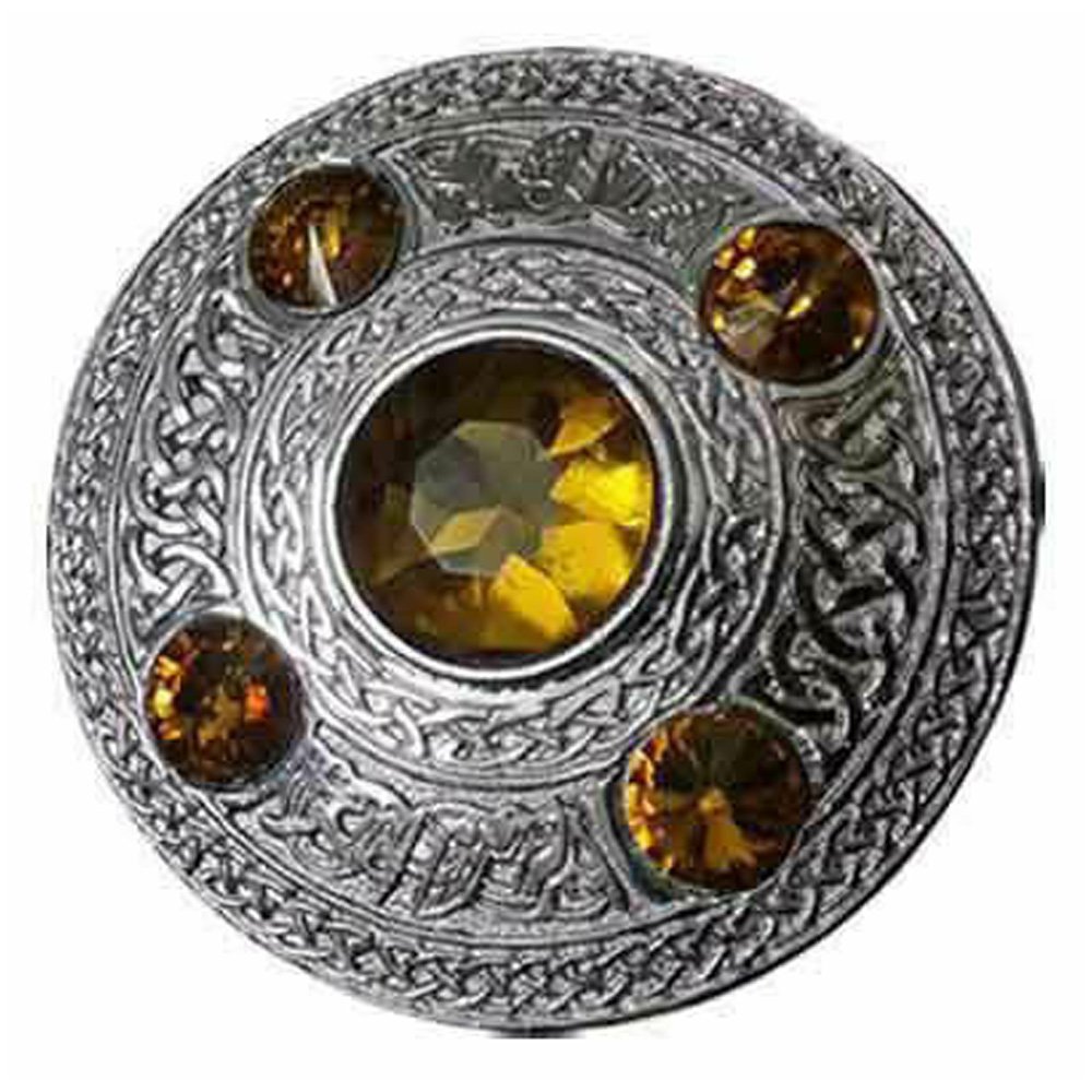 Scottish Chrome Finish Celtic Yellow Stone Kilt Fly Plaid Brooch 5 Stones Kilt Plaid Brooch