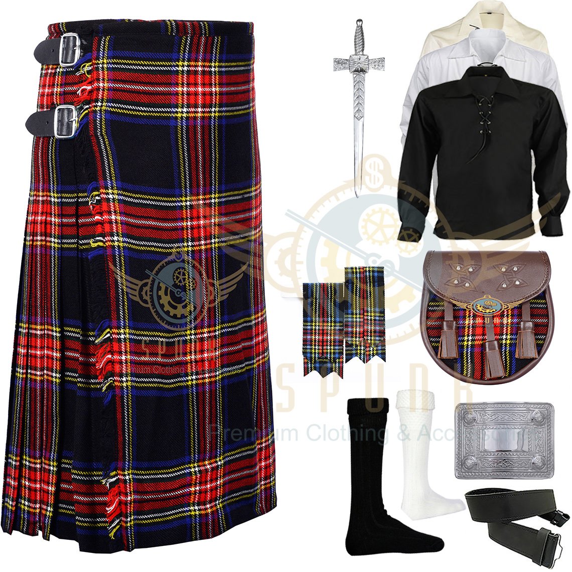 Men's Scottish Black Stewart 8 yard kilt Traditional Black Stewart Fabric kilt Deal