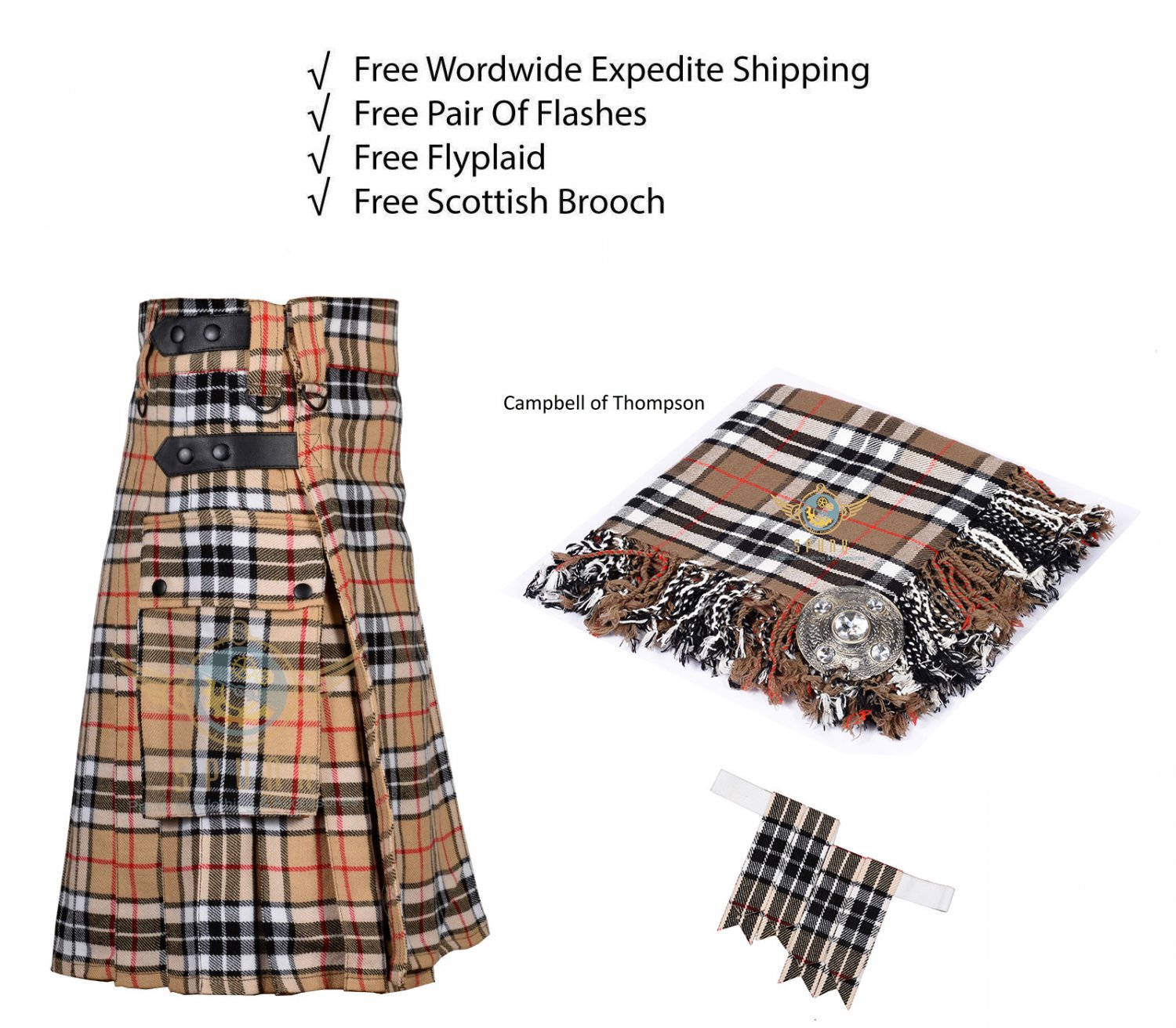 Scottish Camel Thompson Utility Kilt Leather Straps kilt Free Fly Plaid - Brooch- Flashes