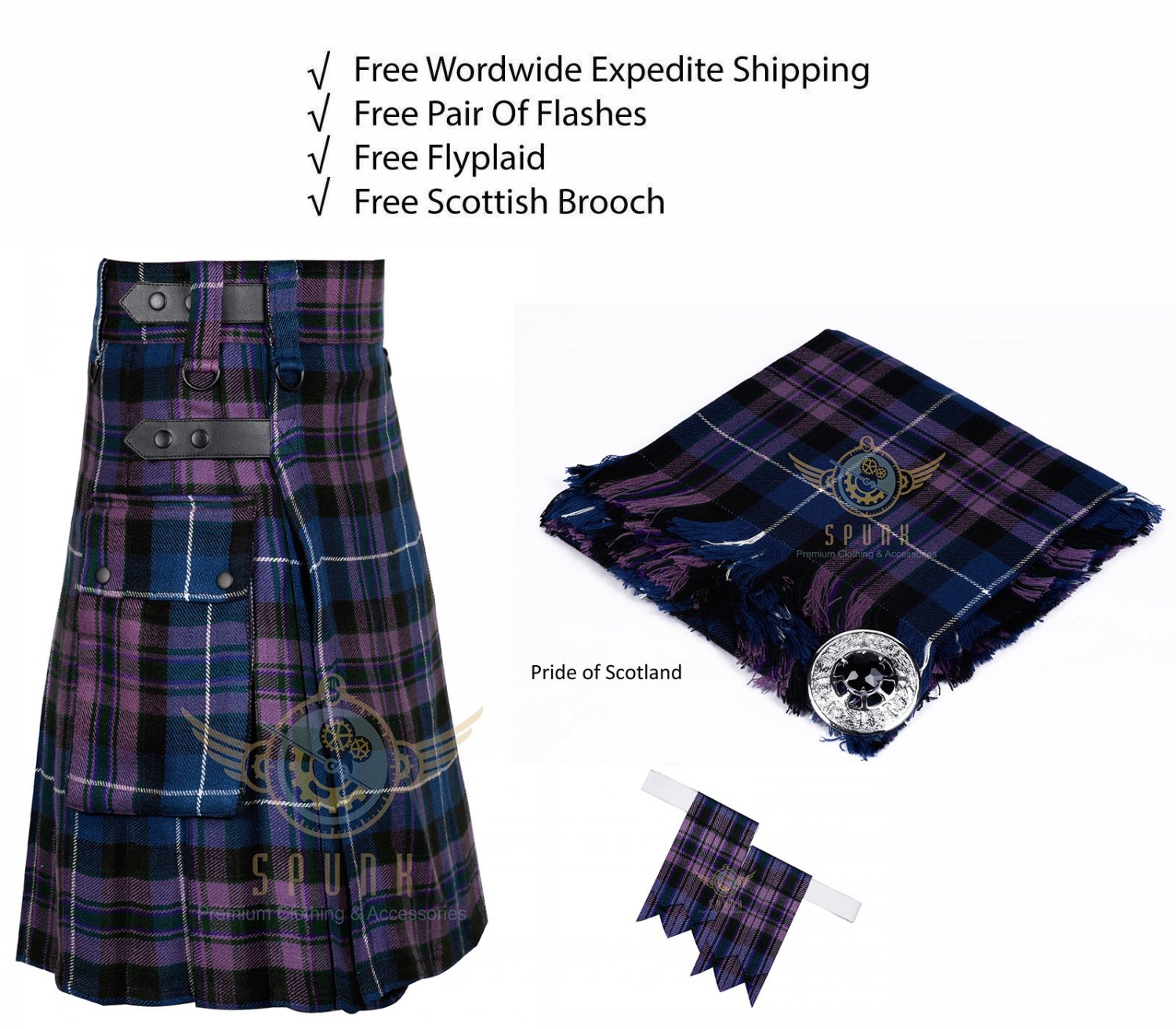 Scottish Pride of Scotland Utility Kilt Leather Strap kilt Free Fly Plaid - Brooch- Flashes