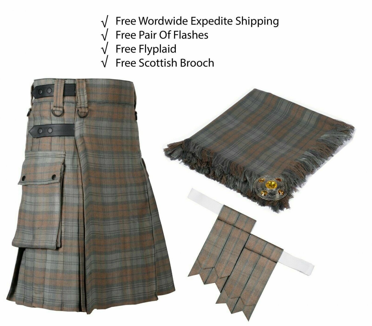 Scottish Black Watch Weathered Utility Kilt Leather Strap kilt Free Fly Plaid- Brooch