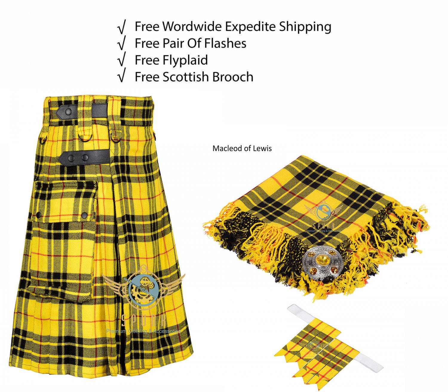 Scottish Macleod of Lewis Utility Kilt Leather Strap kilt Free Fly Plaid- Brooch - Waist 30