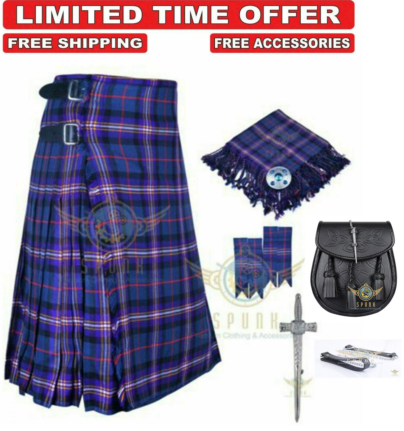 Men's Scottish Masonic 8 yard kilt Package with Pin Lock Black Leather ...