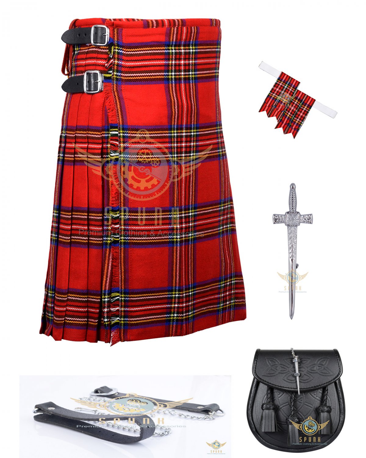 Men's Scottish Royal Stewart 8 yard kilt - Flashes - kilt pin - Sporran waist 38