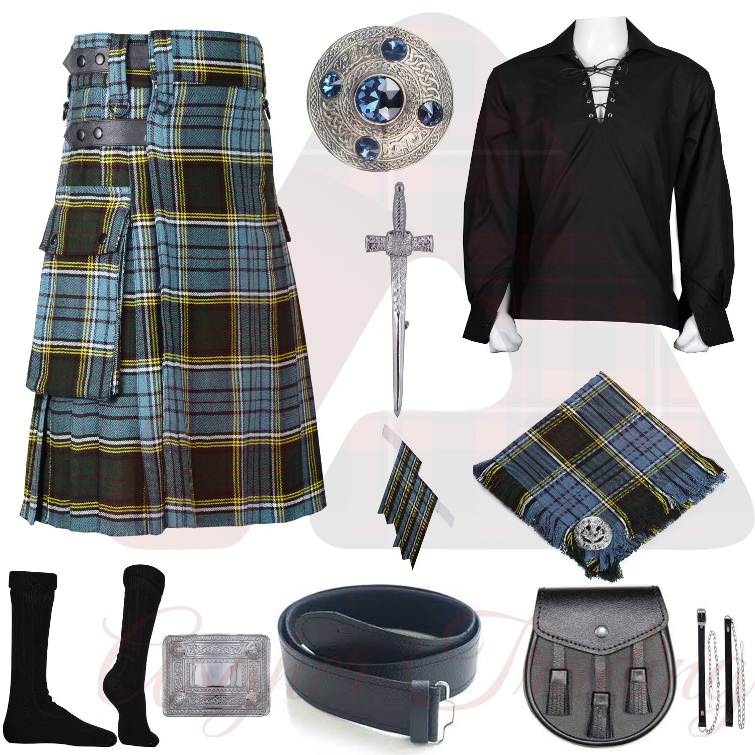 Men's Scottish Anderson Utility Kilt 2 Cargo pockets Tartan Utility kilt Package