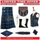 Scottish Mens Blue Douglas 13oz Tartan Fabric 8 yard kilt With Accessories