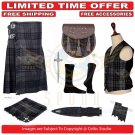 Scottish Mens Grey Watch 13oz Tartan Fabric 8 yard kilt With Accessories