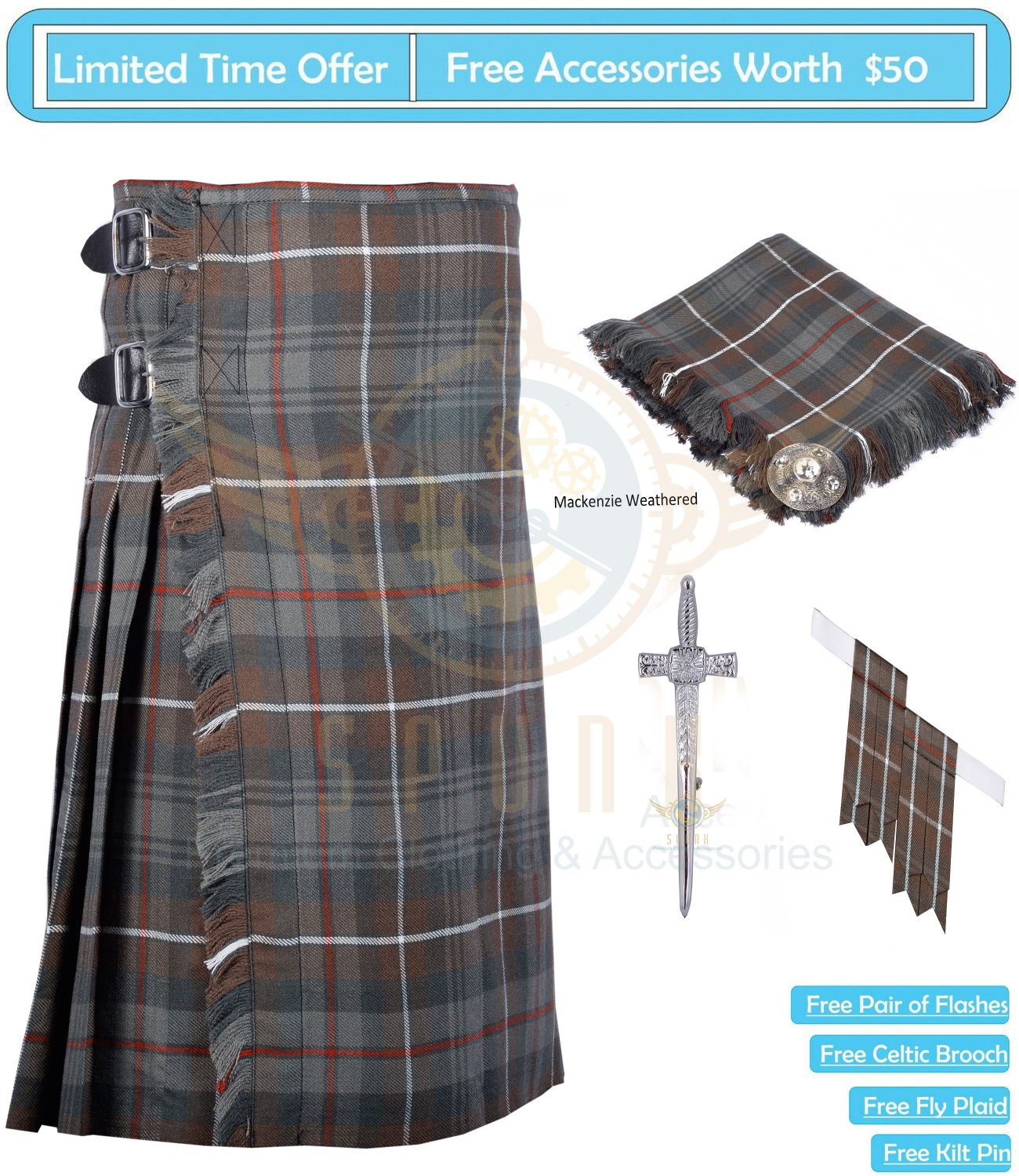 Men's Scottish Highland Traditional Mackenzie weathered Tartan 8 yard Kilt With Accessories