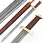 Custom Handmade Damascus Steel Viking SWORD With Rose Wood with leather wrapping