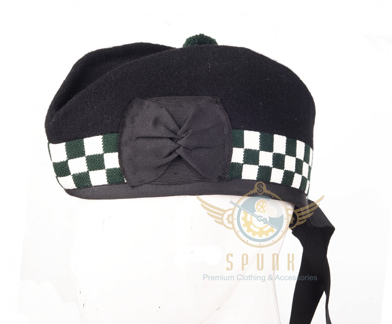Scottish Military PIPER HAT 100% Black WOOL GLENGARRY Green & White DICED HAT Scott Hat