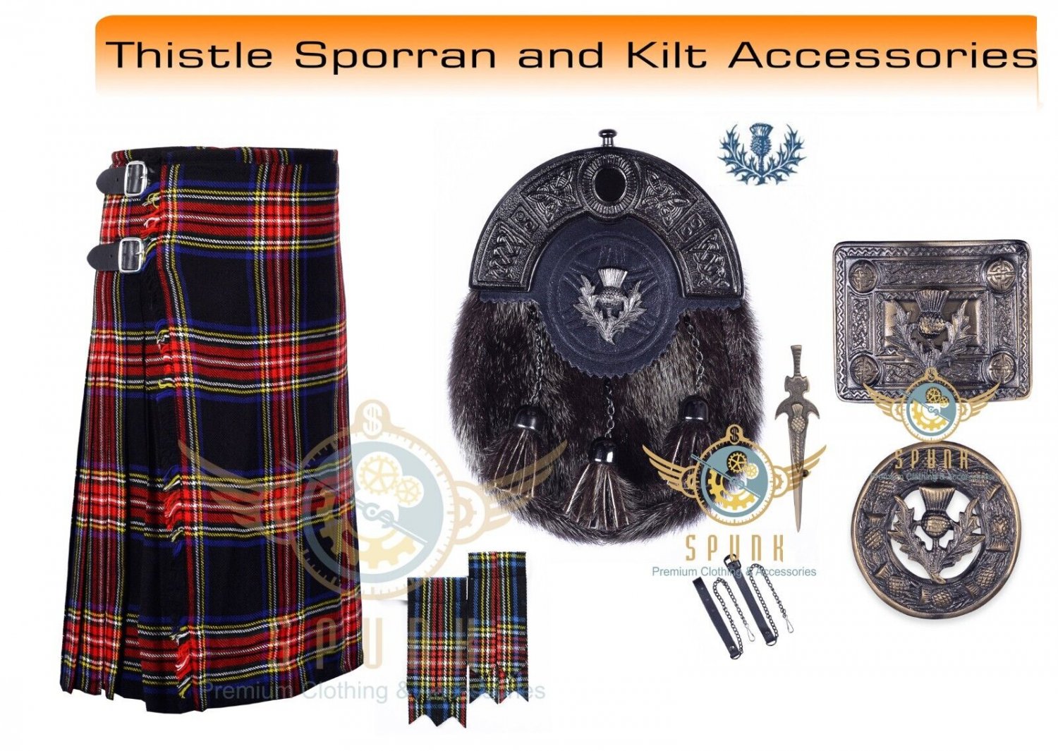Scottish Black Stewart Tartan 8 yard Kilt Men's Traditional Highland 8 yard kilt Set
