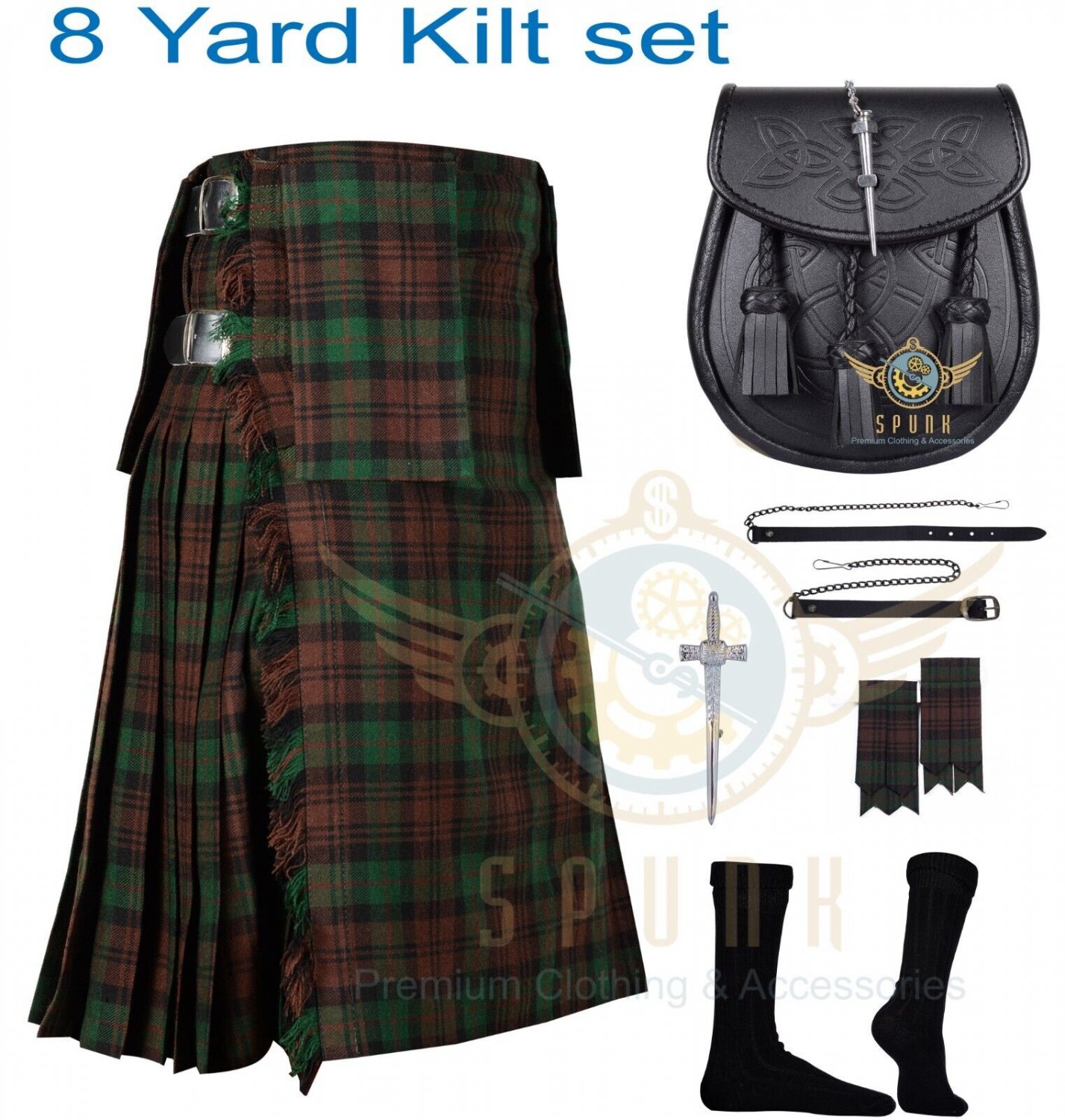 Highland Traditional Brown Watch Tartan 8 yard Kilts For Men's