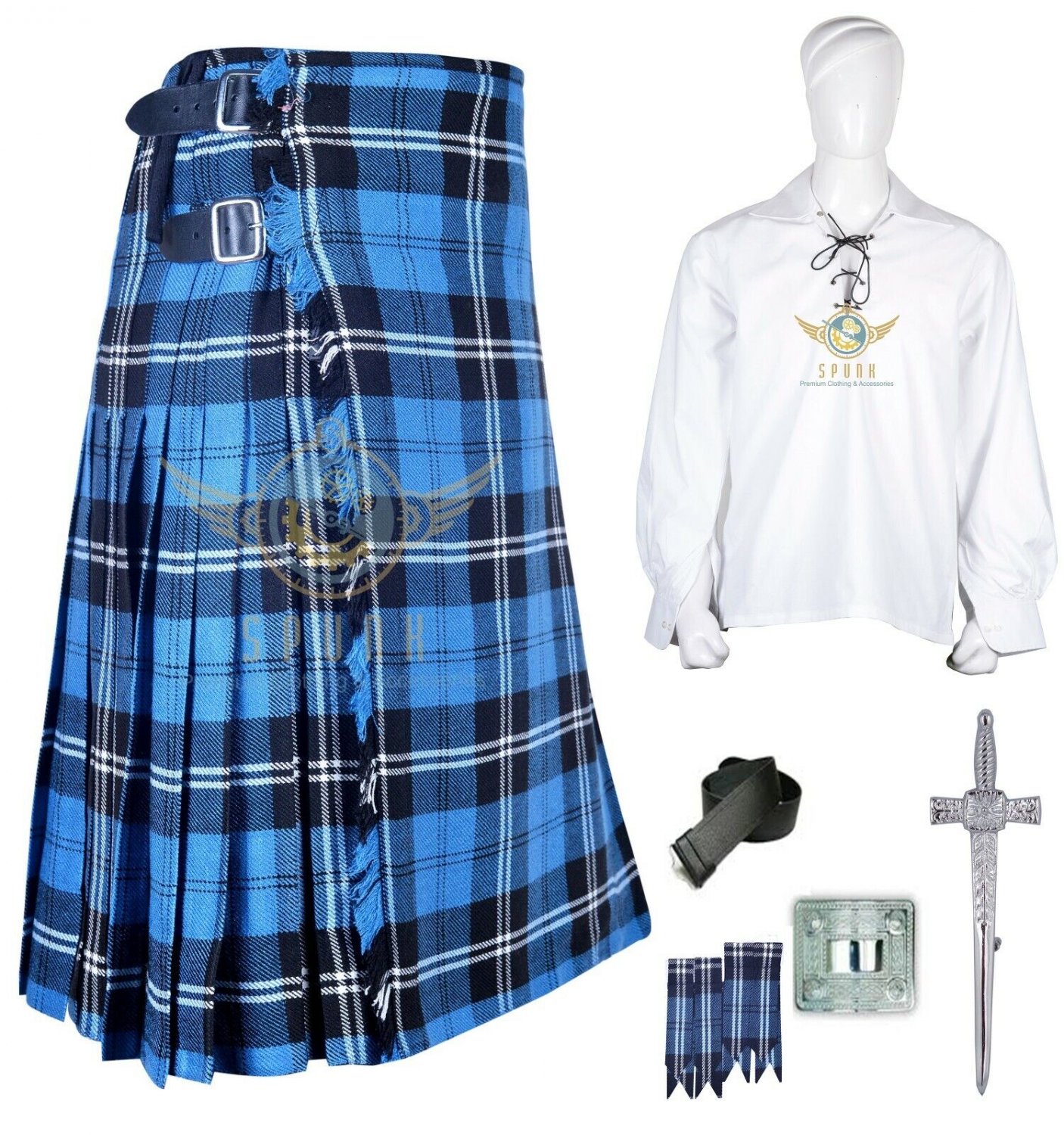 Men's Scottish Traditional 8 Yard Ramsey Blue Hunting Tartan KILT With Accessories