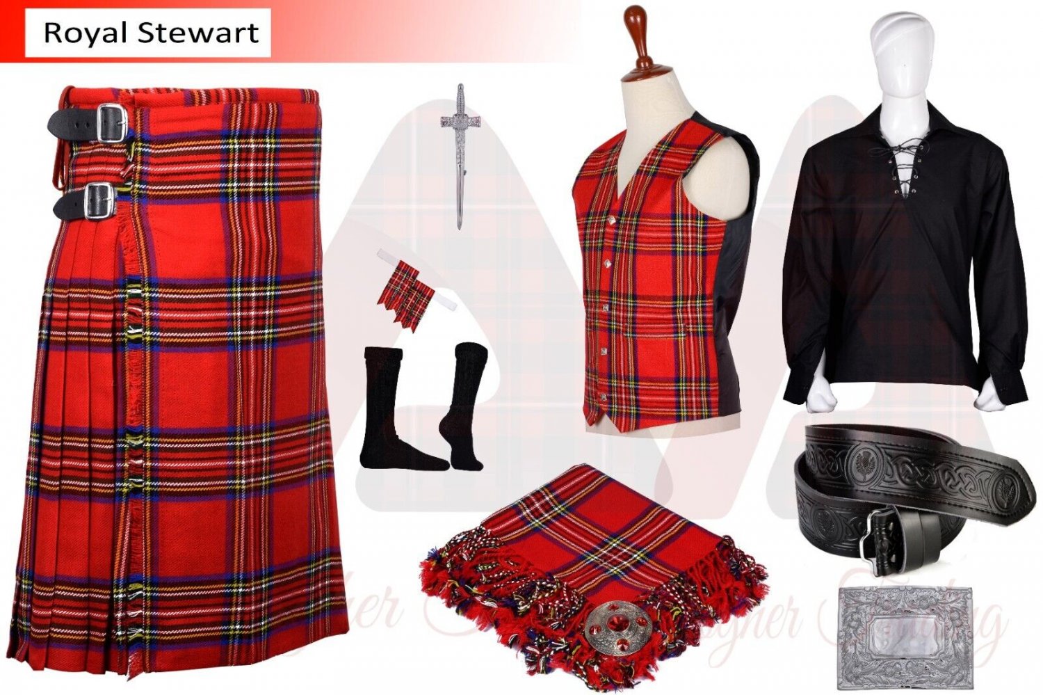 Traditional 8 yard Royal Stewart Tartan kilt - Men's Scottish Highland kilts & Accessories